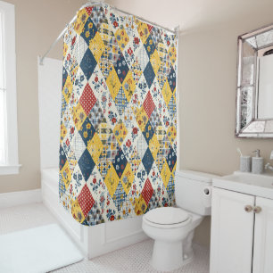 Blue Yellow Red Patchwork Quilt Floral Retro  Shower Curtain