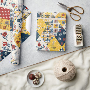 Blue Yellow Red Quilt Gingham Cottagecore Floral Wrapping Paper