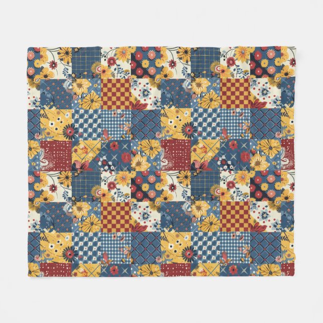 Blue Yellow Red Quilt Patchwork Gingham Floral Fleece Blanket (Front (Horizontal))