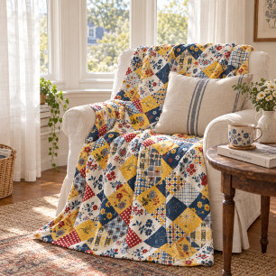 Blue Yellow Red Quilt Patchwork Gingham Floral Fleece Blanket