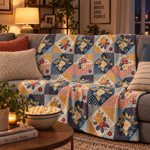 Blue Yellow Red Quilt Patchwork Gingham Floral Fleece Blanket