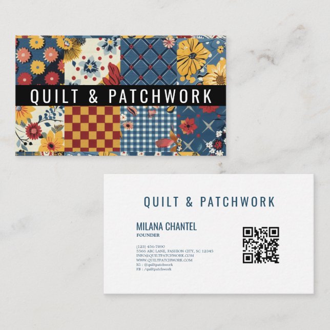 Blue Yellow Red Quilt Patchwork Handmade Clothing  Business Card (Front/Back)