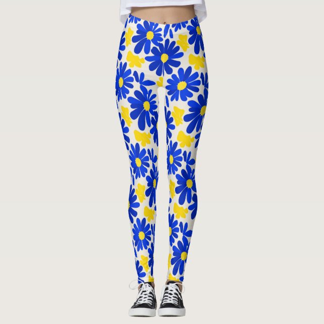 Blue & Yellow Retro Daisy Print Leggings (Front)
