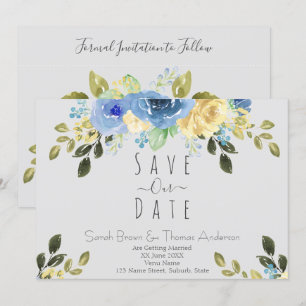 Blue & Yellow Roses on Soft Grey Invitation