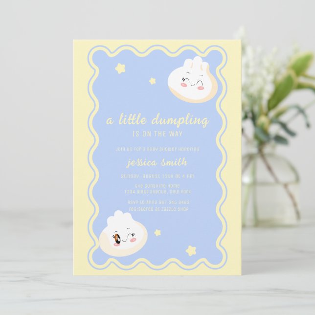 Blue Yellow Star Chinese Dumpling Baby Shower  Invitation (Standing Front)