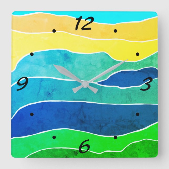Blue Yellow Stripe Pattern Colorful Square Wall Clock (Front)