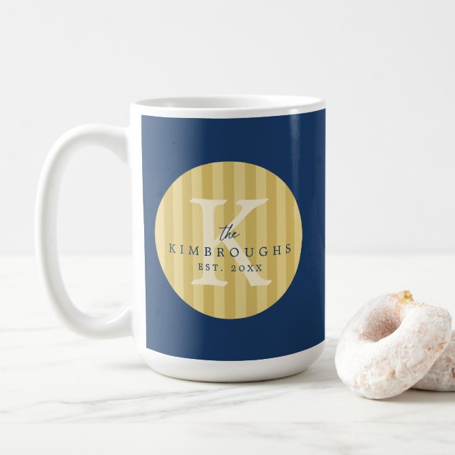 Blue Yellow Striped Circle Custom Family Monogram  Coffee Mug (With Donut)