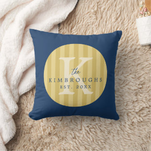 Blue Yellow Striped Circle Family Monogram Cushion