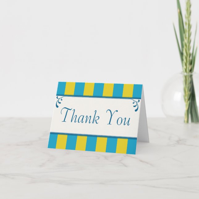 Blue & Yellow Striped Monogrammed Thank You Card (Front)