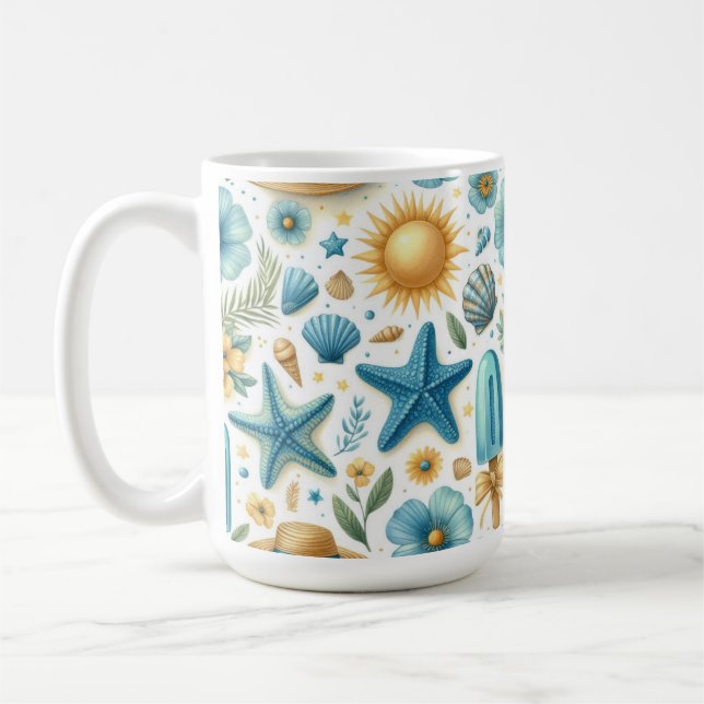 BLUE & YELLOW SUMMER SHELLS SUNS FLOWERS COFFEE MUG (Left)