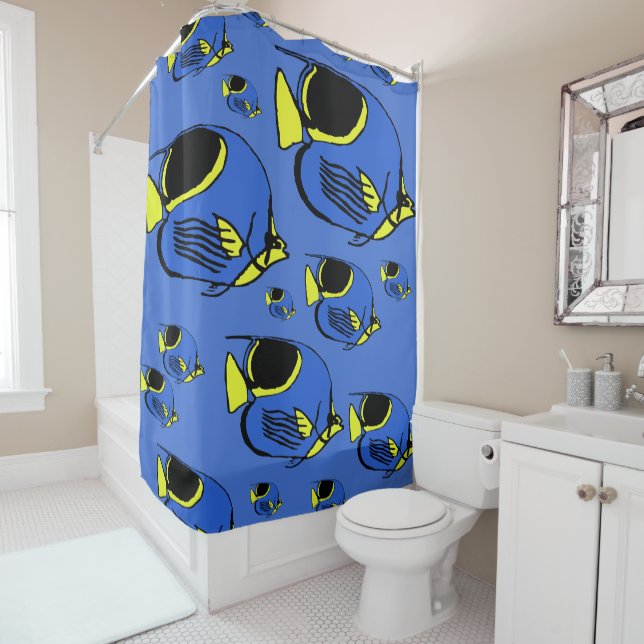 Blue & Yellow Sunfish Shower Curtain (In Situ)