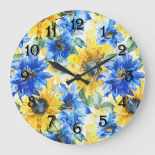 Blue Yellow Sunflowers Large Clock