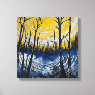 Blue yellow sunset forest Watercolor wall art
