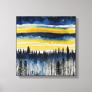 Blue yellow sunset forest Watercolor wall art