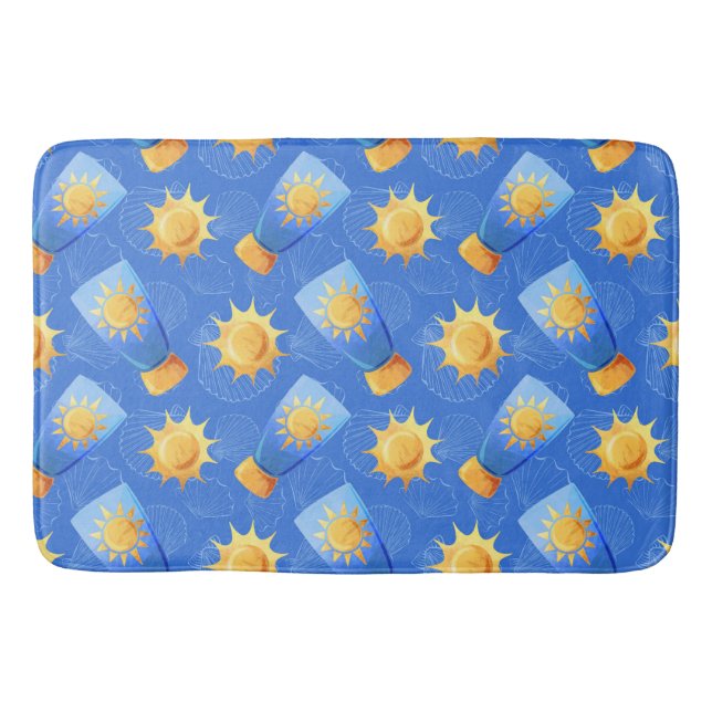 BLUE YELLOW SUNTAN LOTION SUNS SEASHELLS BATH MAT (Front)