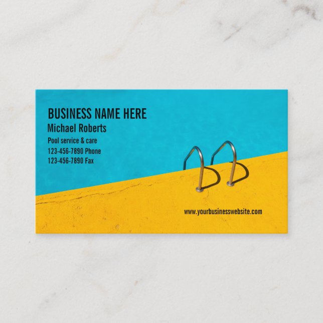 Blue yellow swimming pool care aqua services photo business card (Front)