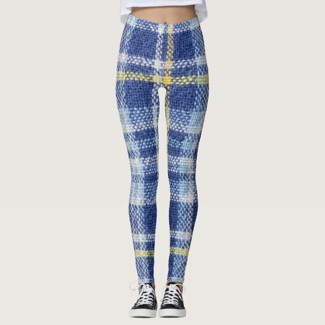 Blue Yellow Tartan: Fashionable Plaid Leggings (Front)