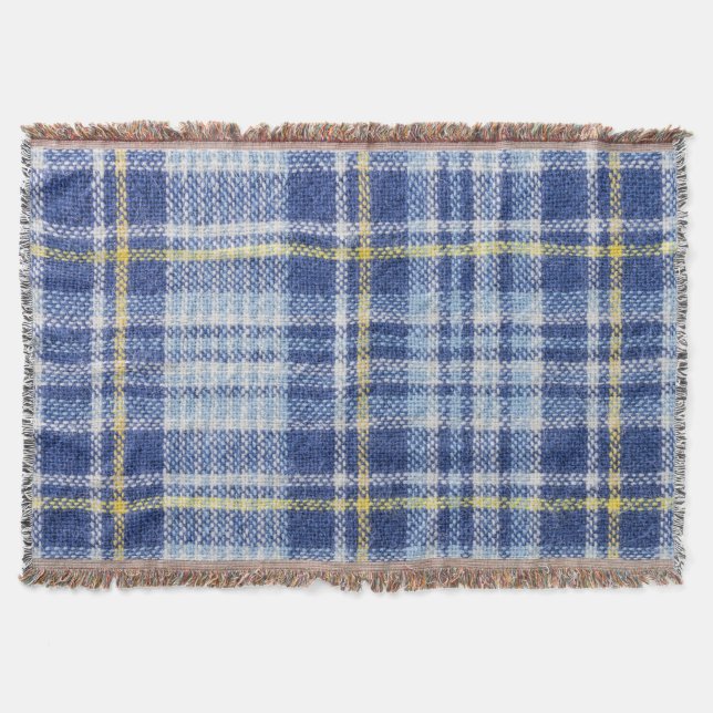 Blue Yellow Tartan: Fashionable Plaid Throw Blanket (Front)