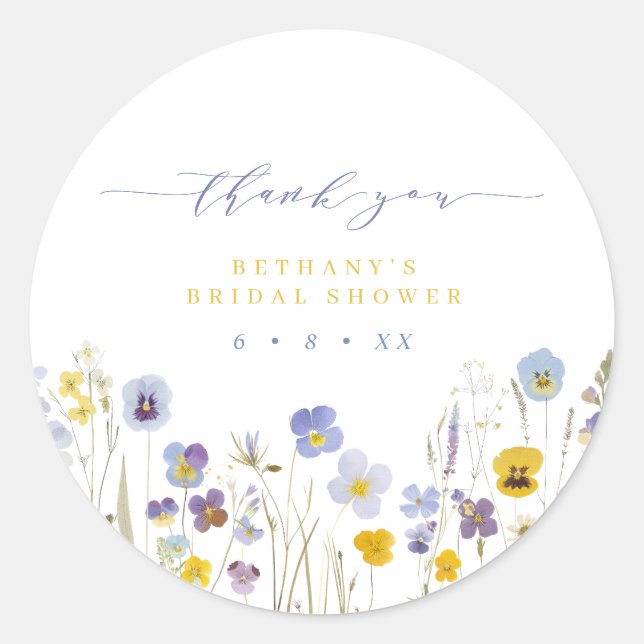 Blue & Yellow Thank You Floral Bridal Shower Favou Classic Round Sticker (Front)