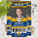 Blue|Yellow Ticket Style Baseball Birthday Party Invitation<br><div class="desc">Super fun,  baseball themed birthday with your little all-star's picture right on the front!</div>