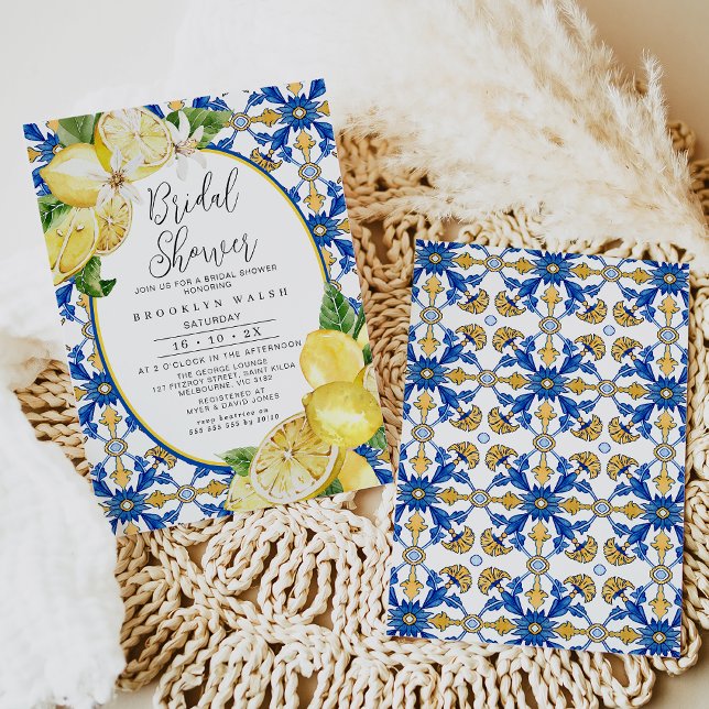 Blue Yellow Tile Lemon Bridal Shower  Invitation (Blue and Yellow Lemon Bridal Shower Invitation Template easy to edit designed by Fig tree Design.)
