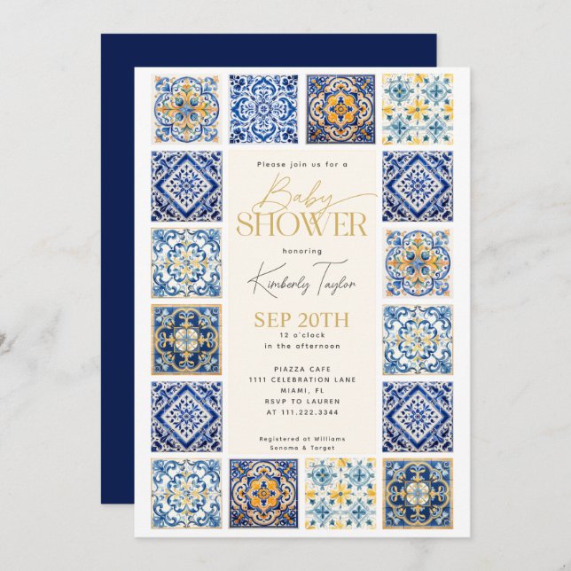 Blue Yellow Tiles Italian Baby Shower Invitation (Front/Back)