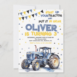 Blue Yellow Tractor Birthday Party Invitation