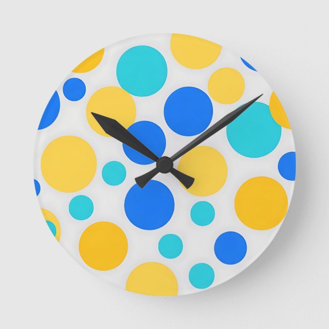 Blue Yellow Turquoise Polka Dots Round Clock (Front)