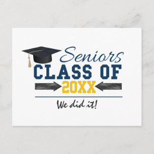 Blue Yellow Typography Graduation Gear Announcement Postcard