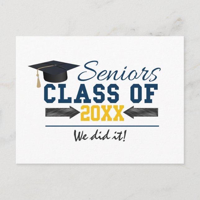 Blue Yellow Typography Graduation Gear Announcement Postcard (Front)