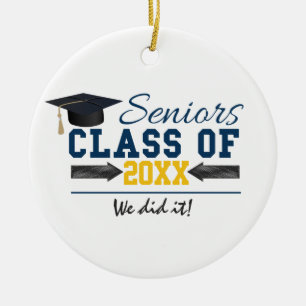 Blue Yellow Typography Graduation Gear Ceramic Tree Decoration