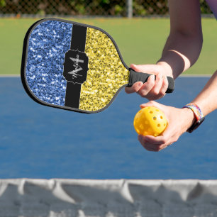 Blue yellow Ukraine flag glitter faux Monogram Pickleball Paddle