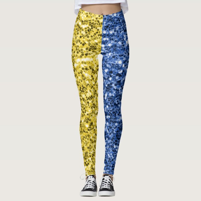 Blue yellow Ukraine flag glitter faux sparkles Leggings (Front)