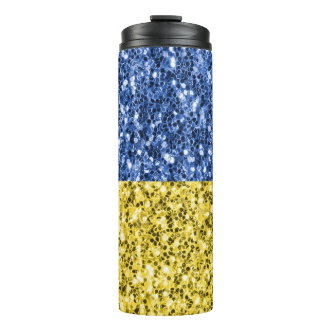 Blue yellow Ukraine flag glitter faux sparkles Thermal Tumbler (Front)