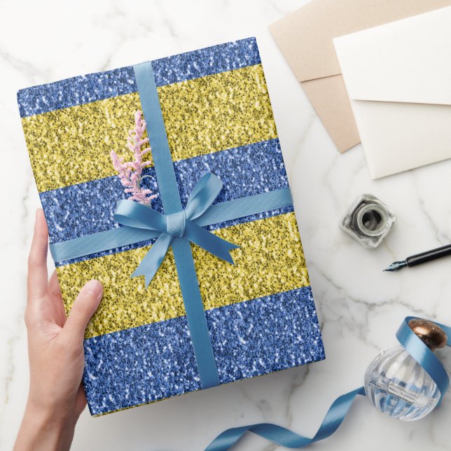 Blue yellow Ukraine flag glitter faux sparkles Wrapping Paper (Gifting)