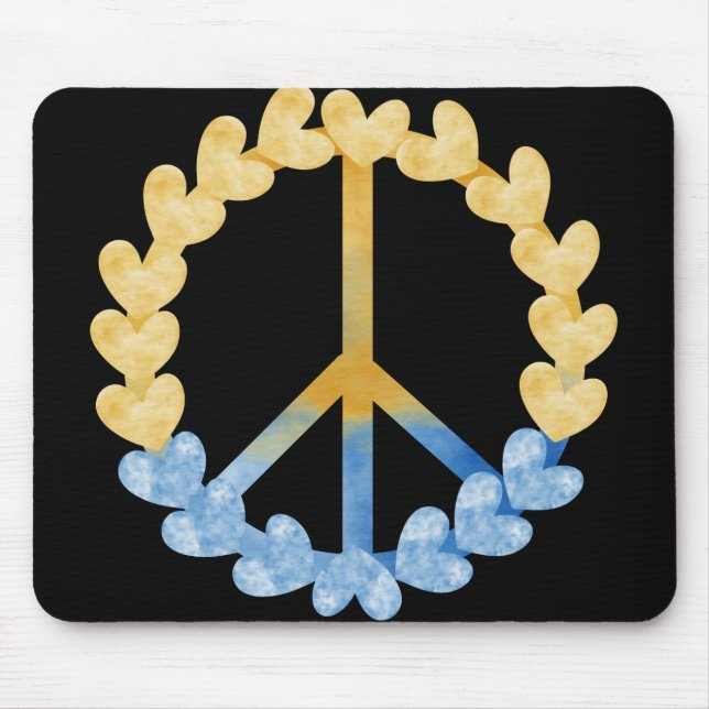 BLUE & YELLOW UKRANIAN PEACE SIGN WITH HEARTS MOUSE PAD (Front)