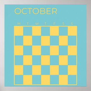 Blue Yellow Undated Chequered October Calendar Poster