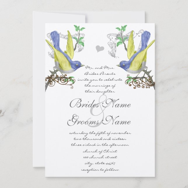 Blue & Yellow Vintage Birds Wedding Invite (Front)