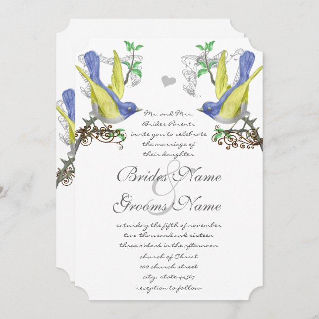 Blue & Yellow Vintage Birds Wedding Invite (Front/Back)
