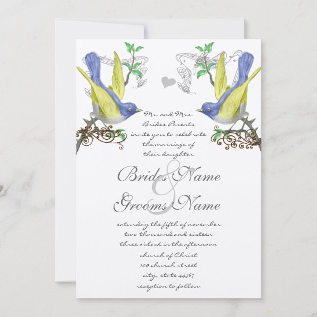 Blue & Yellow Vintage Birds Wedding Invite (Front)