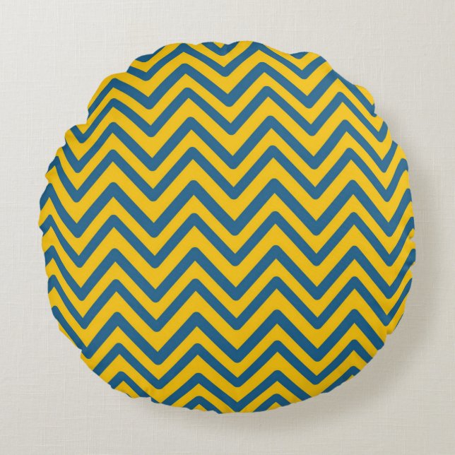 Blue Yellow Vintage Retro Chevron Pattern Round Cushion (Front)