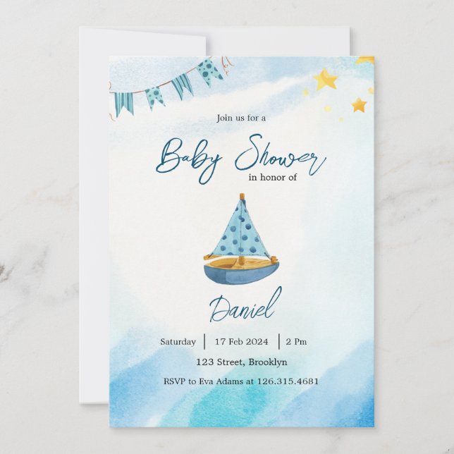 Blue Yellow Watercolor Boat Baby Shower Invitation (Front)