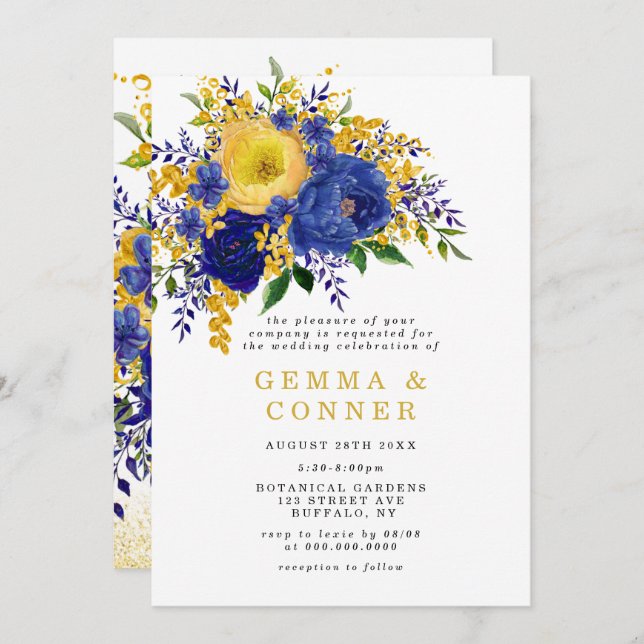  Blue Yellow Watercolor Floral Wedding Invitations (Front/Back)