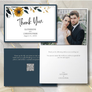 Blue Yellow Watercolor Floral Wedding Photo Thank You Card