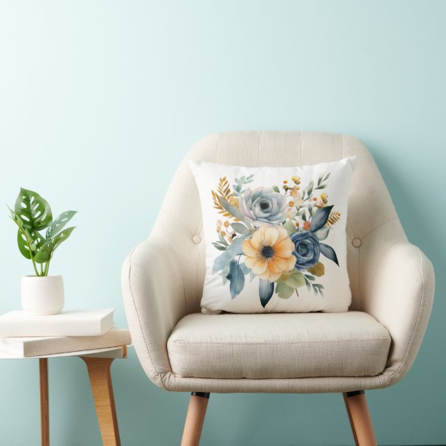 Blue Yellow Watercolor Floral Wildflower Botanical Cushion (Chair)