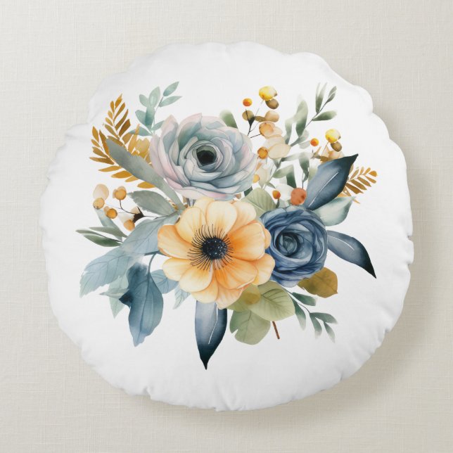 Blue Yellow Watercolor Floral Wildflower Botanical Round Cushion (Front)