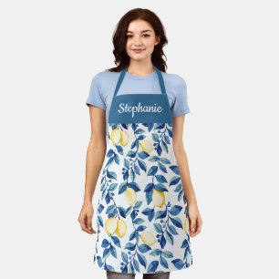 Blue Yellow Watercolor Lemon Custom Name Apron