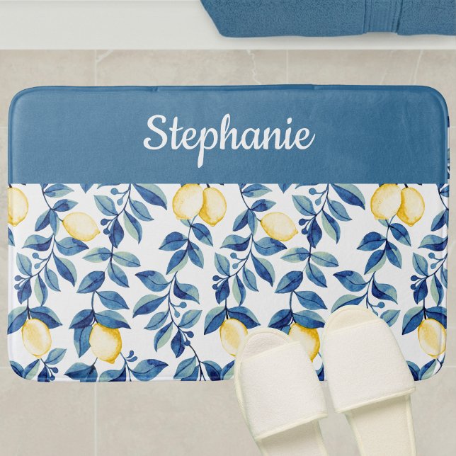 Blue Yellow Watercolor Lemon Monogram Bath Mat (Creator Uploaded)