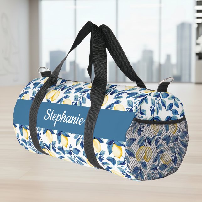 Blue Yellow Watercolor Lemon Monogram Duffle Bag (Creator Uploaded)