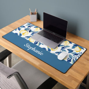 Blue Yellow Watercolor Lemon Monogram Name Desk Mat